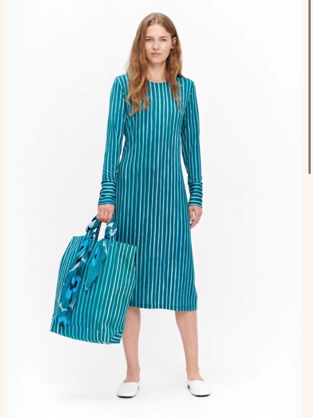 Marimekko Teal Striped Long Sleeve Midi Dress